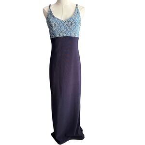 Vintage 90s Breakin' Loose Navy Blue Lace Bodice Maxi Dress - Size 9/10